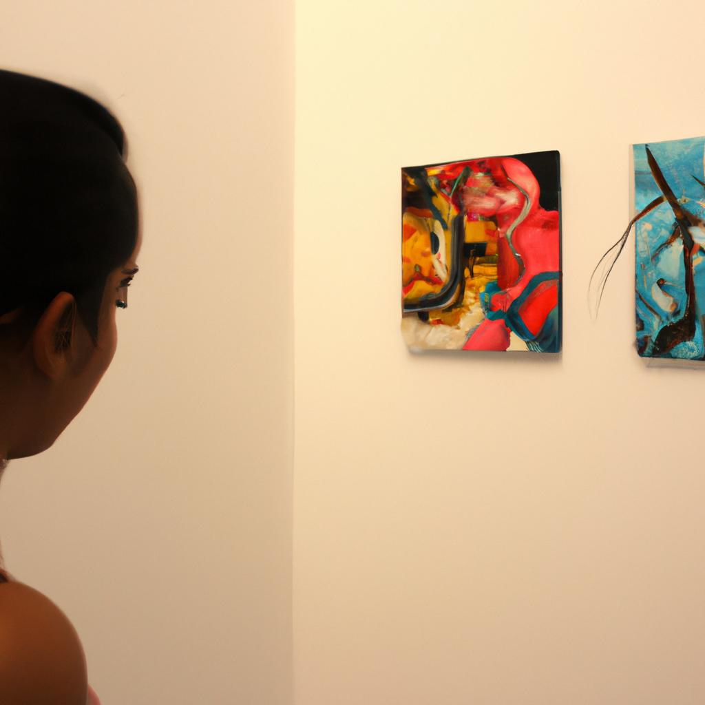 Person studying abstract art painting