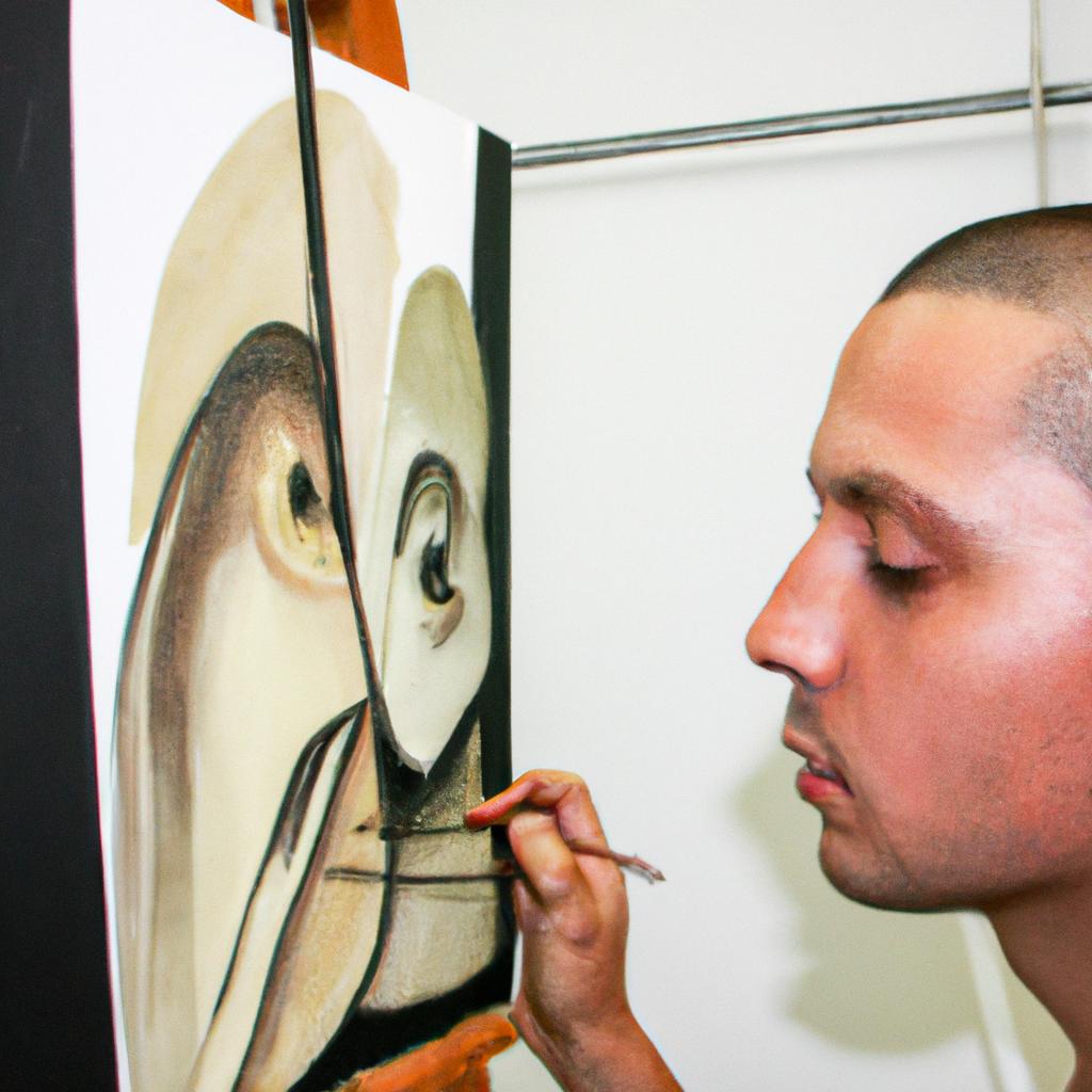 Portrait painter at work, focused