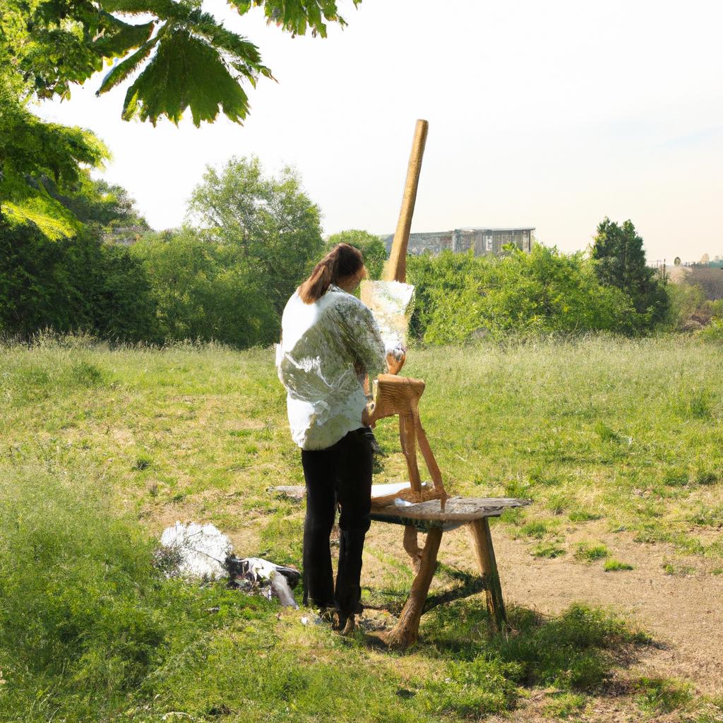 Person painting outdoors with easel