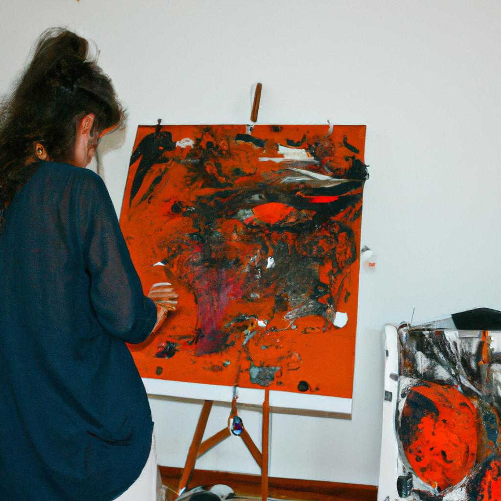 Person creating abstract artwork, painting