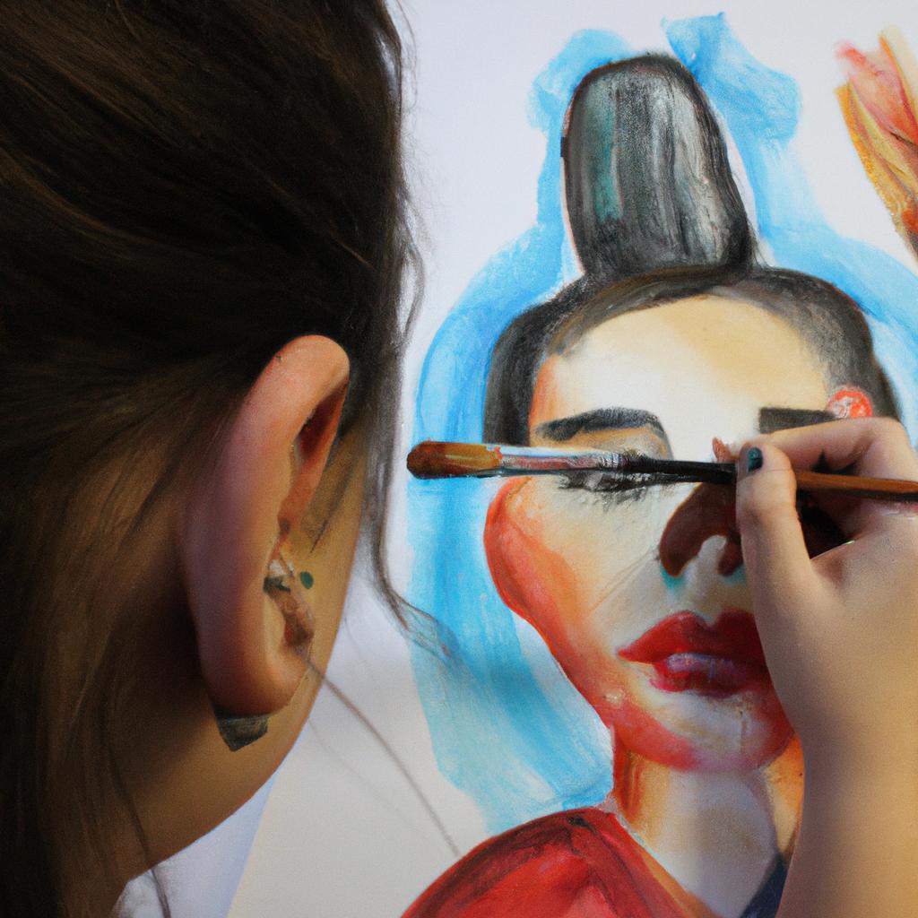 Person painting portrait with brush